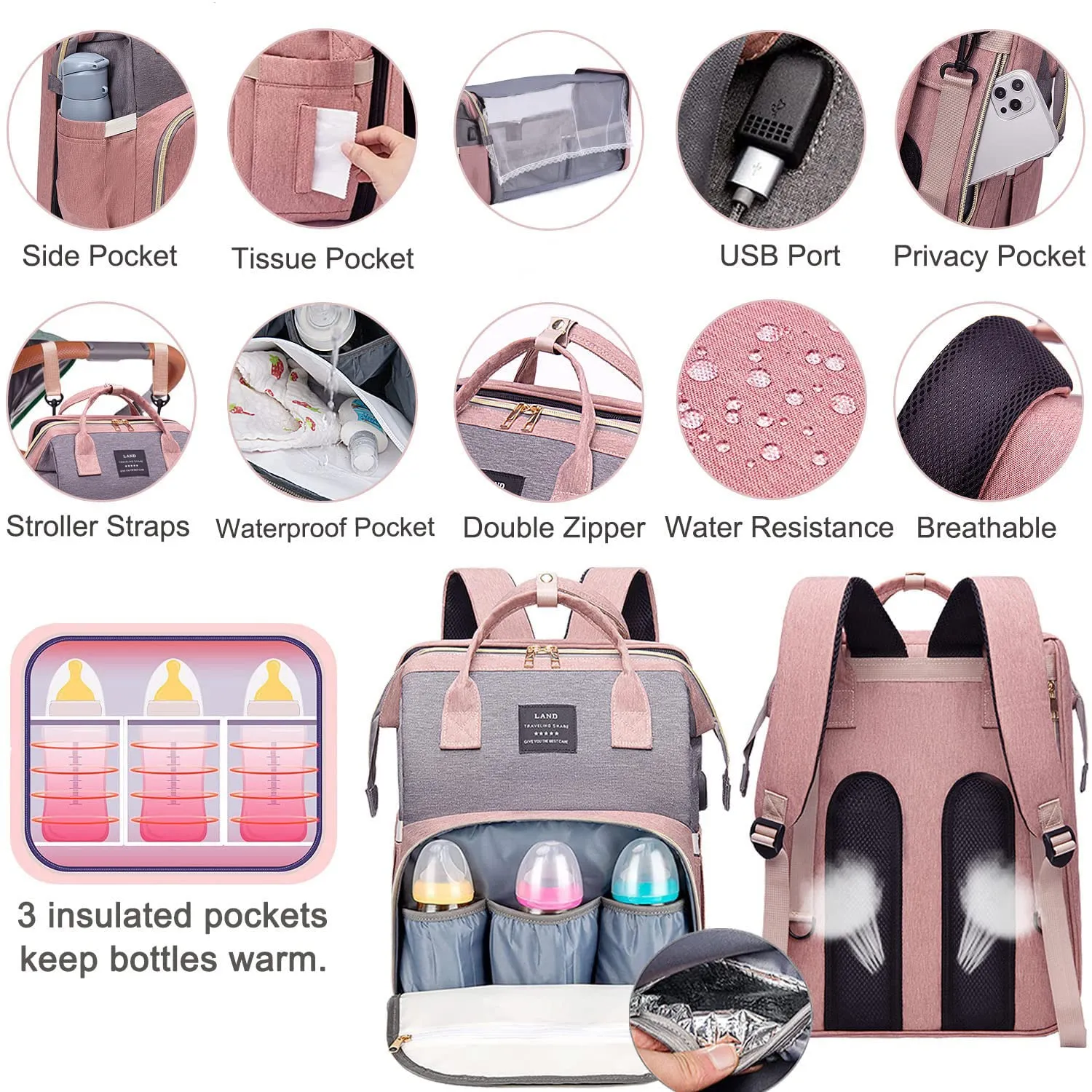ANWTOTU 7 in 1 Travel Diaper Bag, Mommy Bag With USB Charging Port