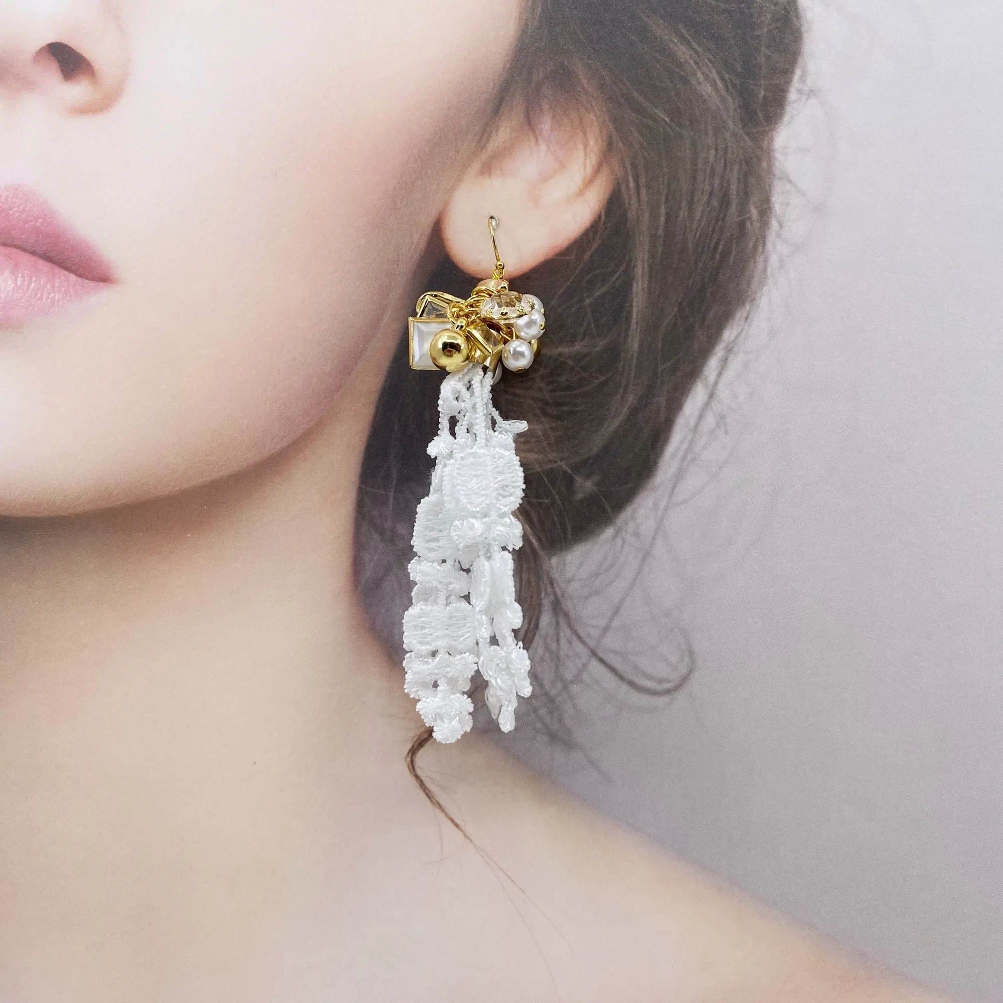 Asymmetrical White Lace Earrings