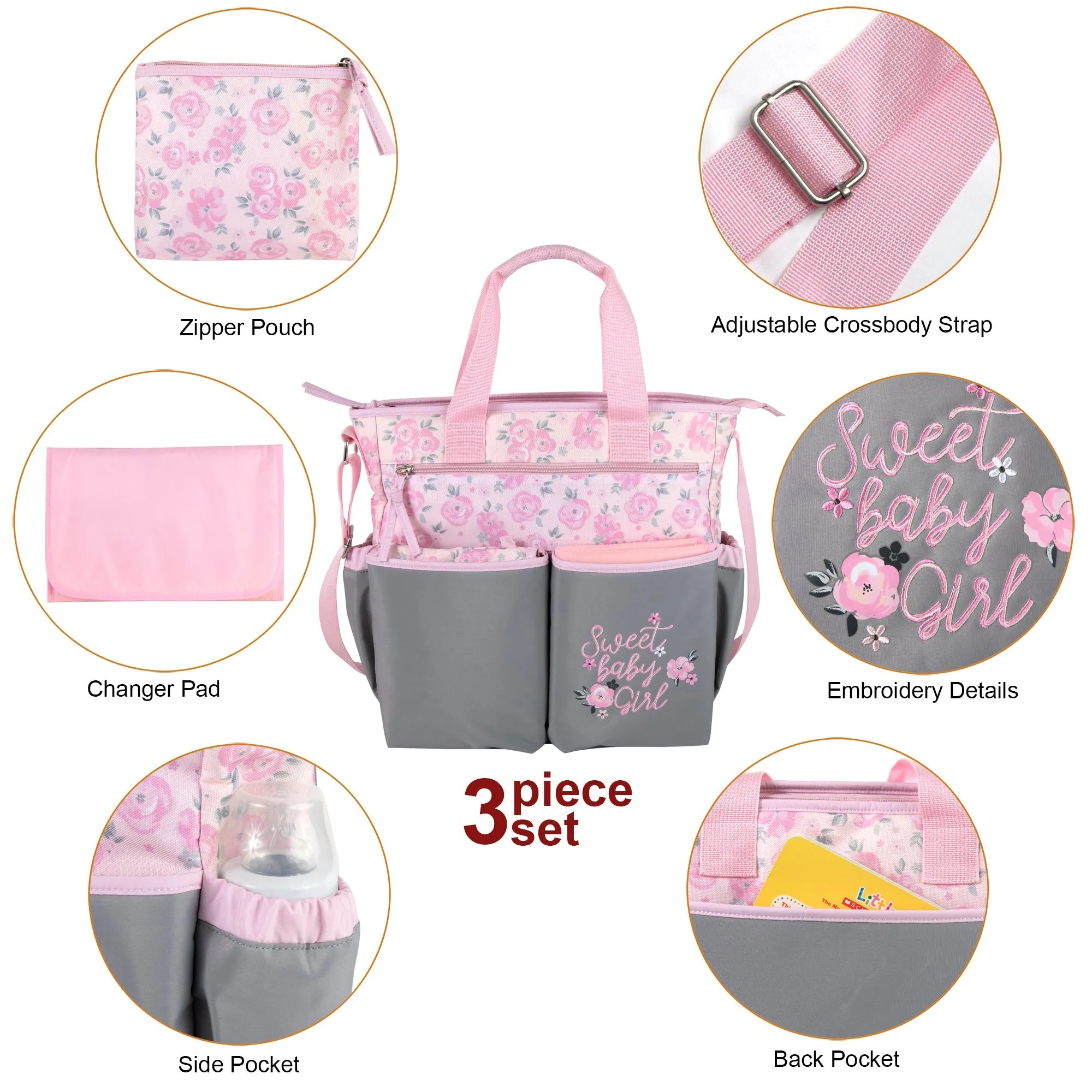 Baby Essentials 3 In 1 Pink Baby Girl Themed Diaper Bag Wholesale