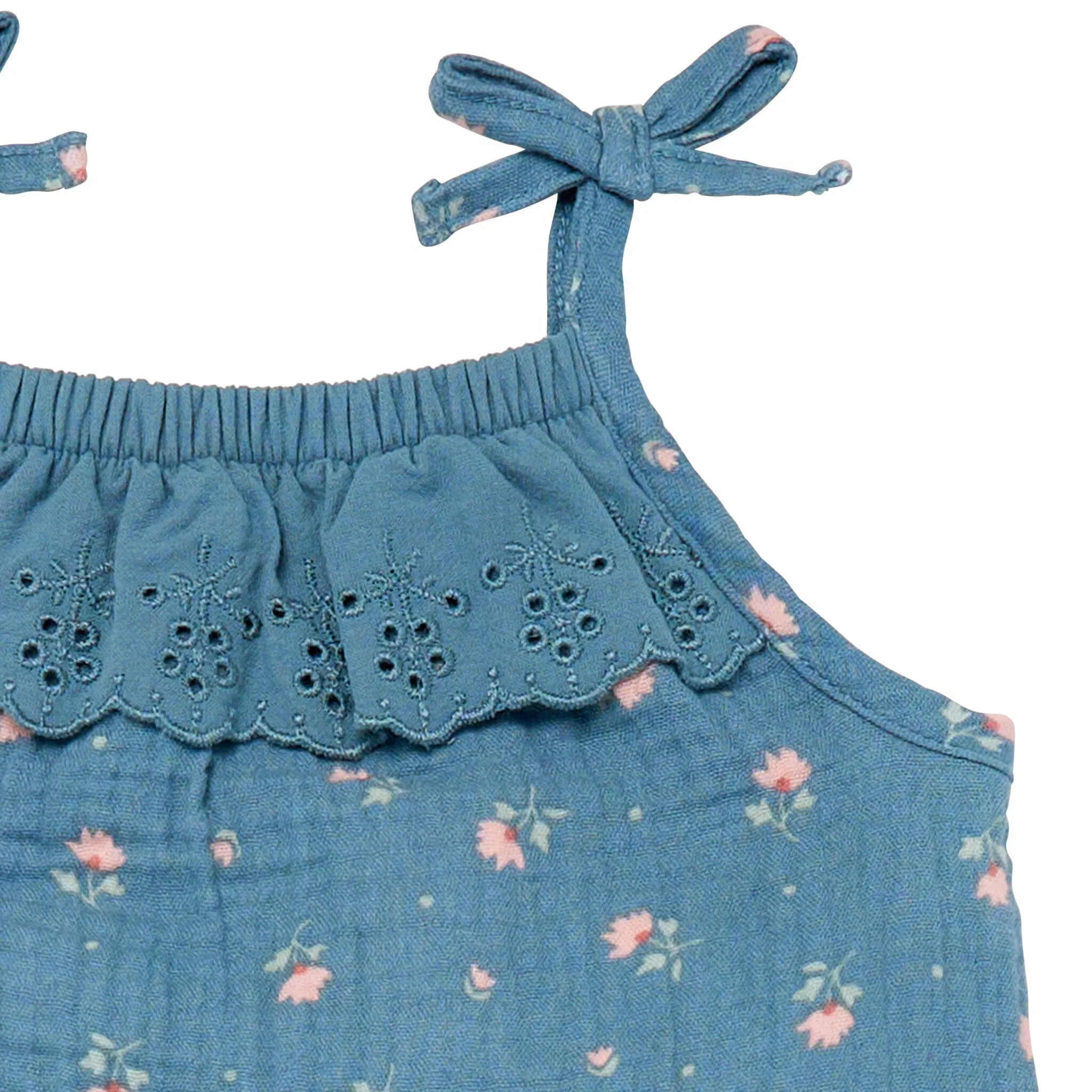Baby Girls Teal Aster Flower Sleeveless Ruffle Romper