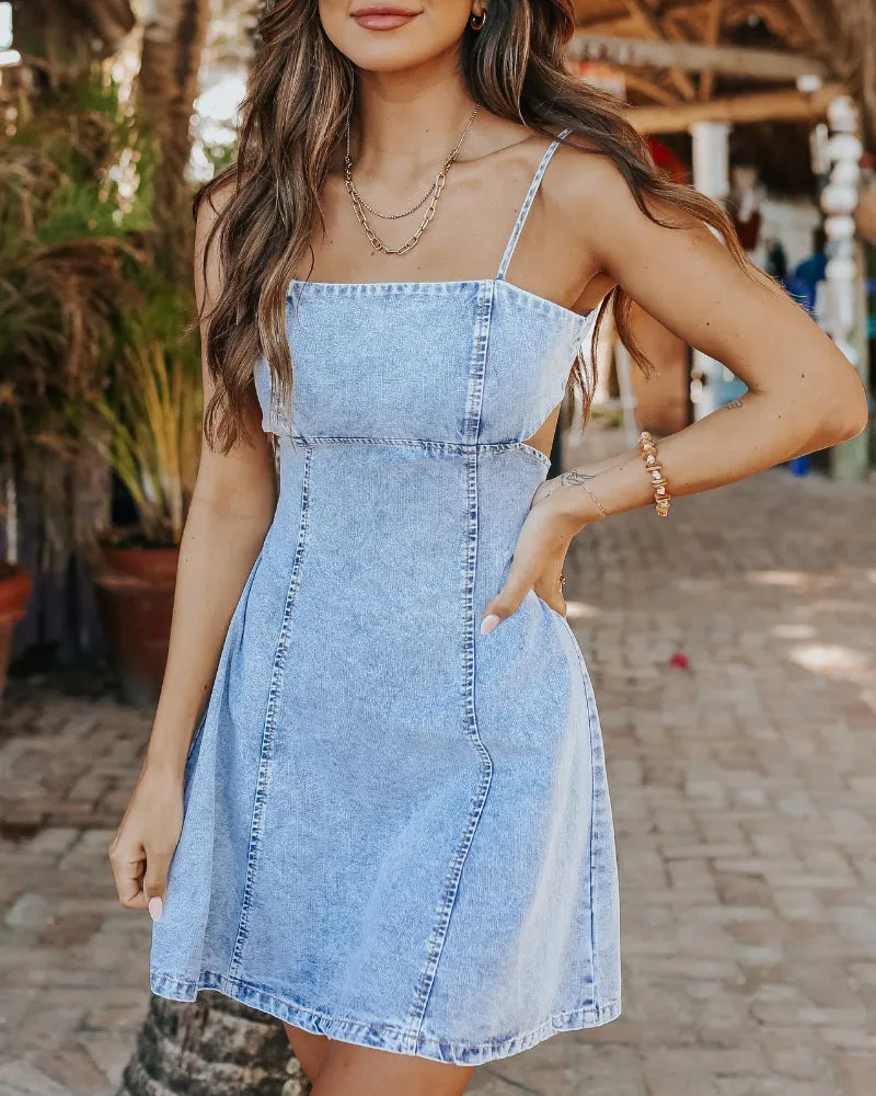 Backless Strap Hollow Skater Denim Mini Dresses