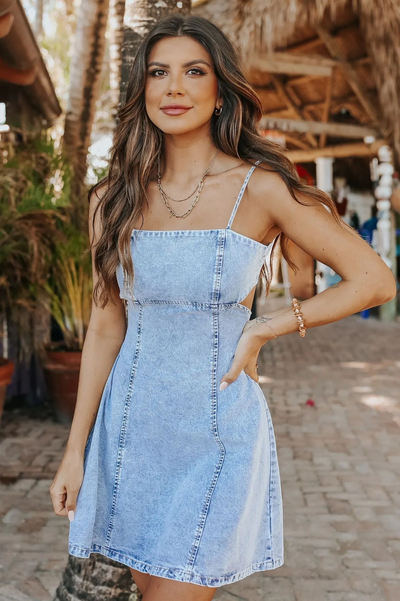 Backless Strap Hollow Skater Denim Mini Dresses