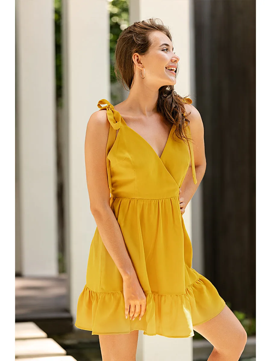 Backless Suspenders Lace-up Ruffled Flounces Mini Dress