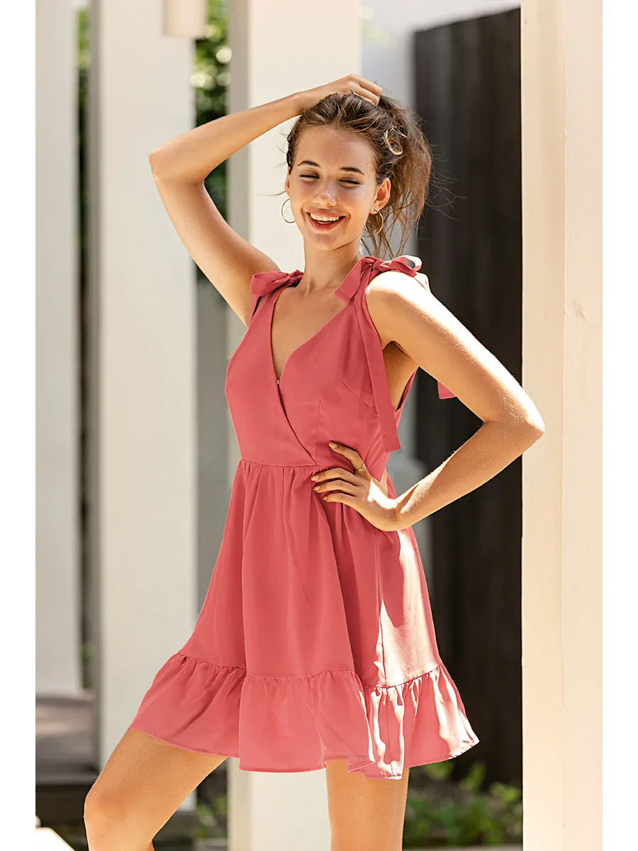 Backless Suspenders Lace-up Ruffled Flounces Mini Dress