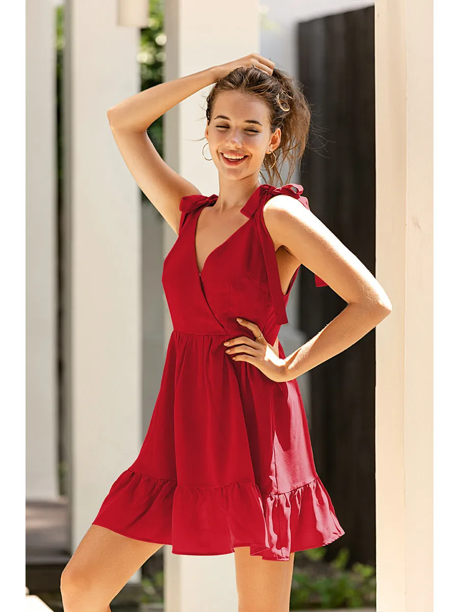 Backless Suspenders Lace-up Ruffled Flounces Mini Dress