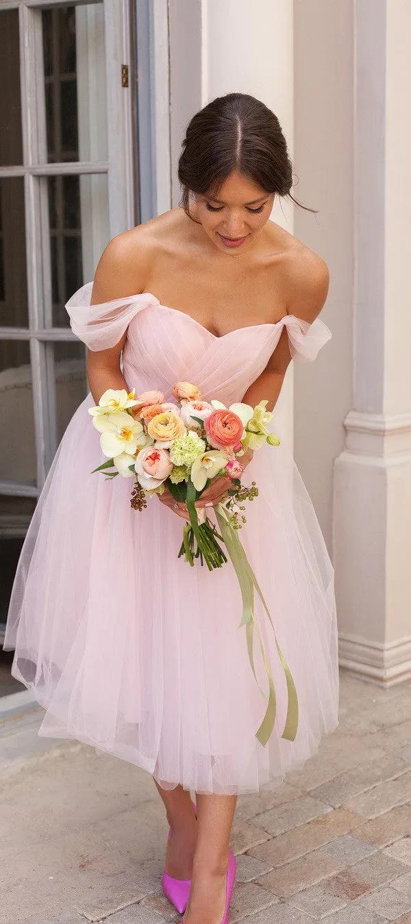 Ball Gown Tea Length Off Shoulder Vintage Bridesmaid Dress
