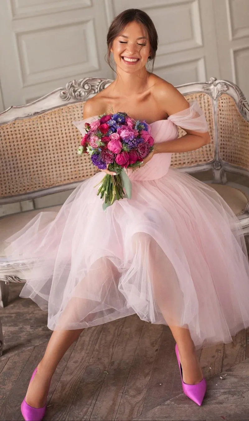 Ball Gown Tea Length Off Shoulder Vintage Bridesmaid Dress