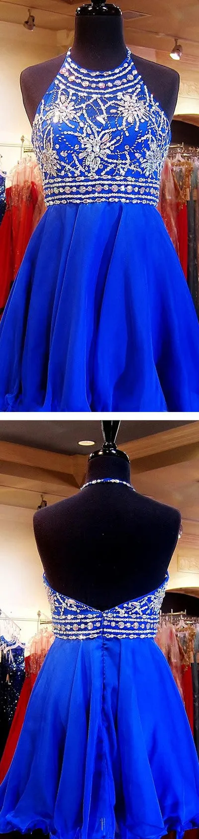 Beaded Royal Blue Short Halter Sweet 16 Cocktail Graduation Homecoming Dress, BG51414
