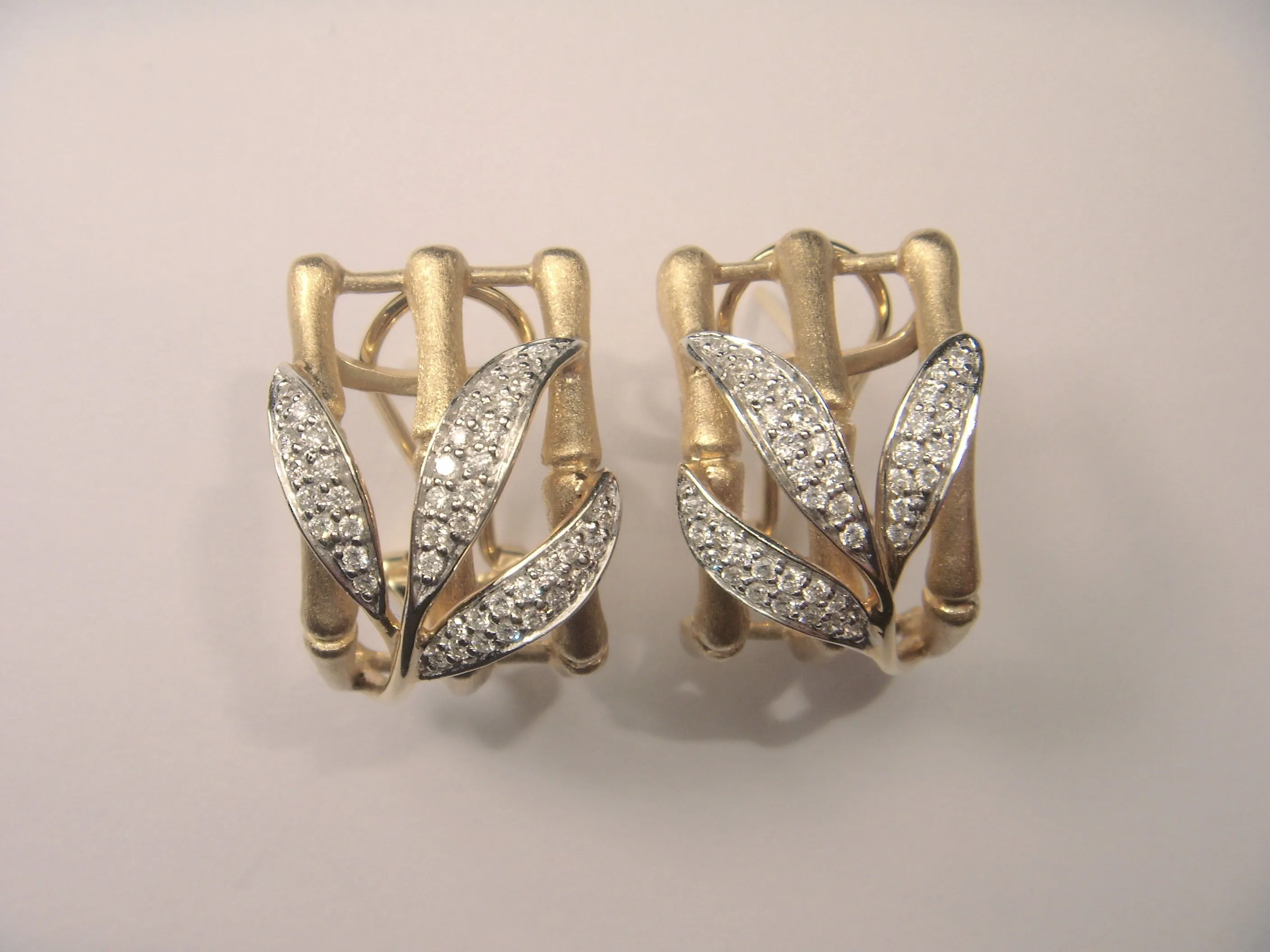 Beautiful 14K Yellow Gold Diamond Bamboo Shoot Leaf Designer Earrings