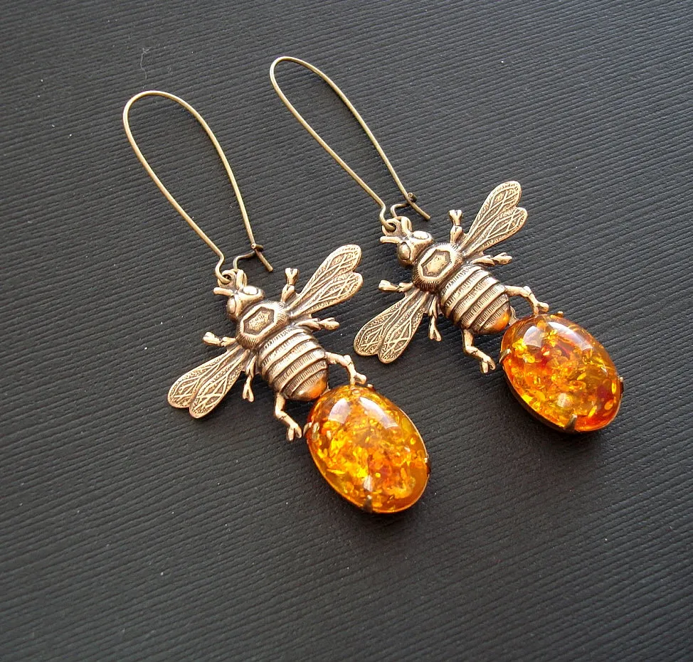Bee Oxidized Brass Amber Honey Cabochon Dangle Handmade Earrings.