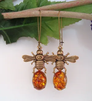 Bee Oxidized Brass Amber Honey Cabochon Dangle Handmade Earrings.