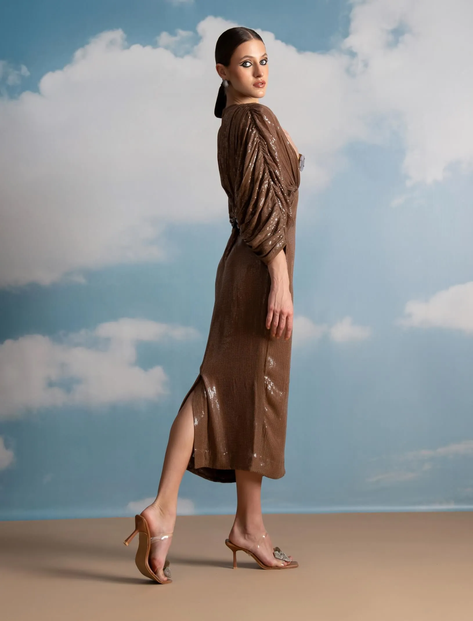 Beige luxe sheeted sequins kimono dress