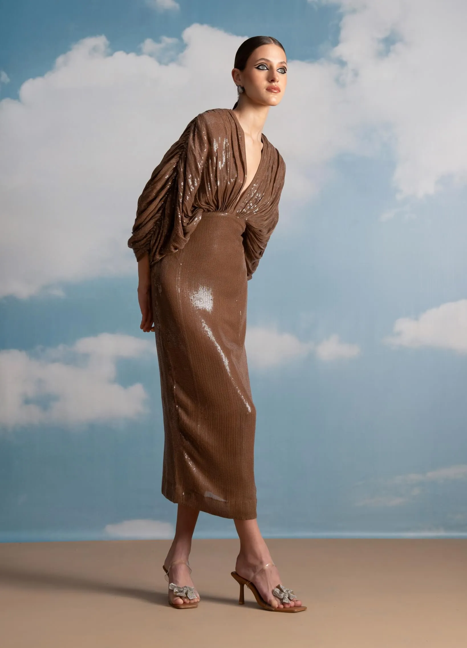 Beige luxe sheeted sequins kimono dress