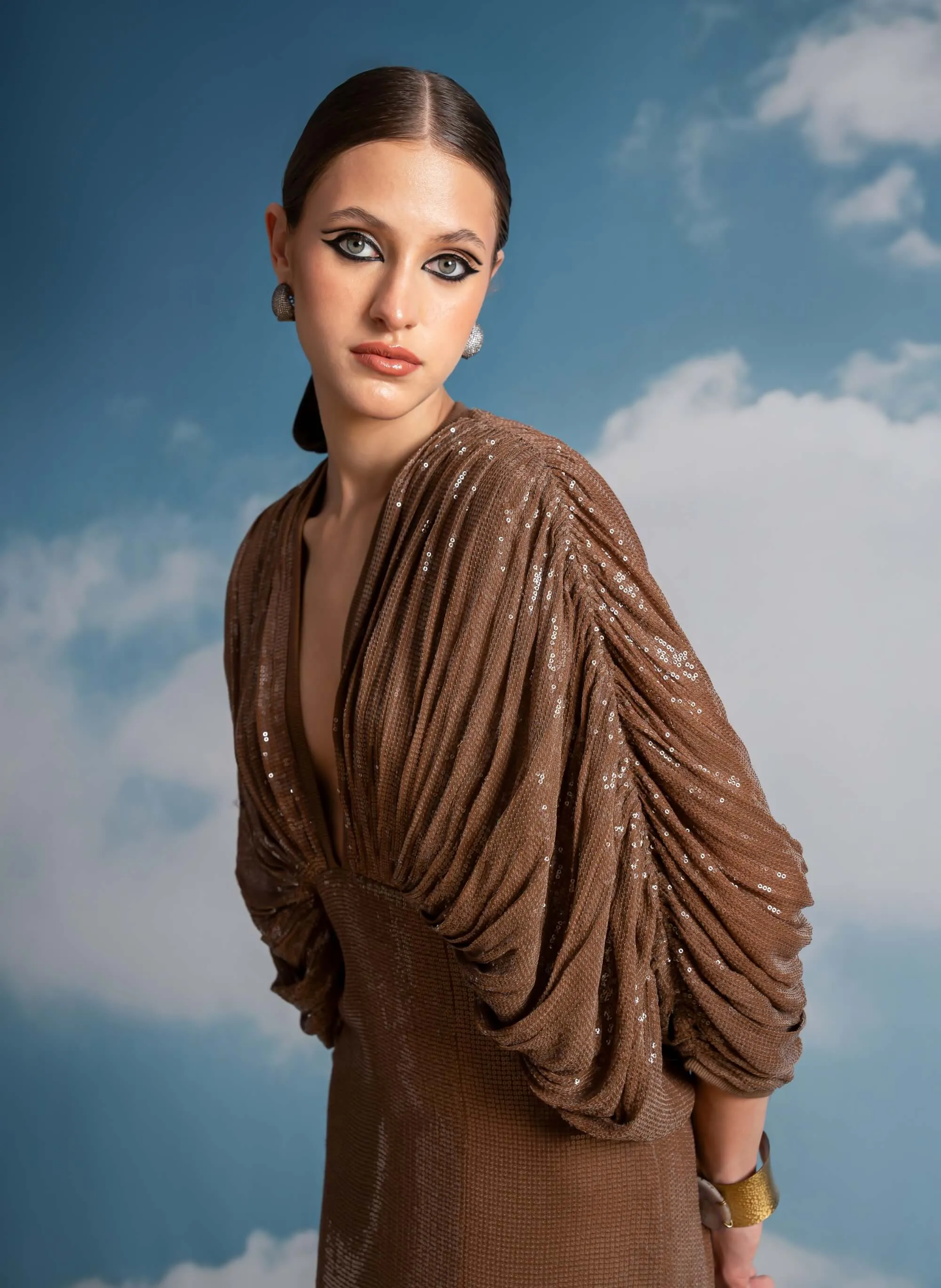 Beige luxe sheeted sequins kimono dress