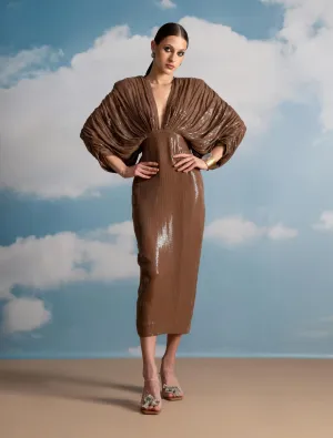 Beige luxe sheeted sequins kimono dress