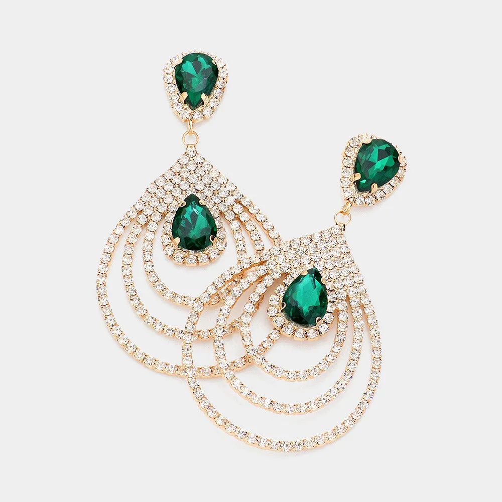 Big Emerald Crystal Teardrop and Rhinestone Dangle Pageant Earrings on Gold | Prom Jewelry | 616404