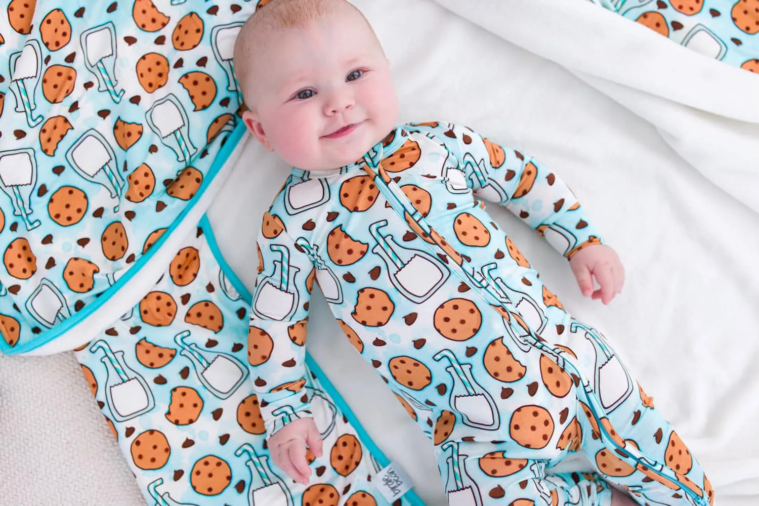 Birdie Bean Chip Blue Cookies and Milk Print Convertible Baby Romper