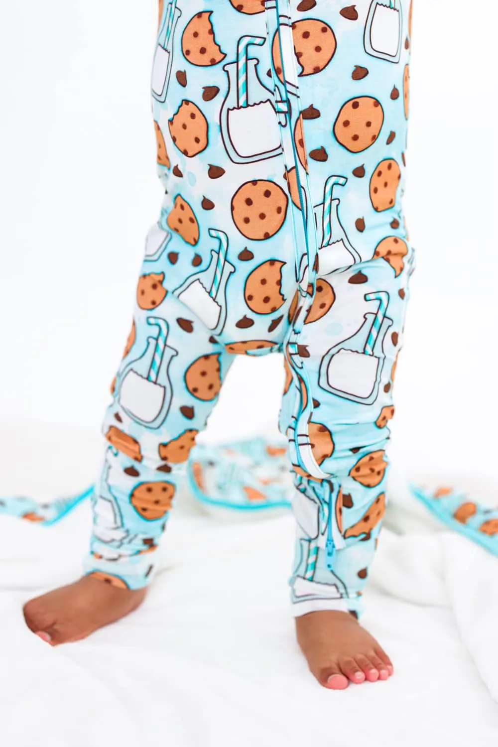 Birdie Bean Chip Blue Cookies and Milk Print Convertible Baby Romper