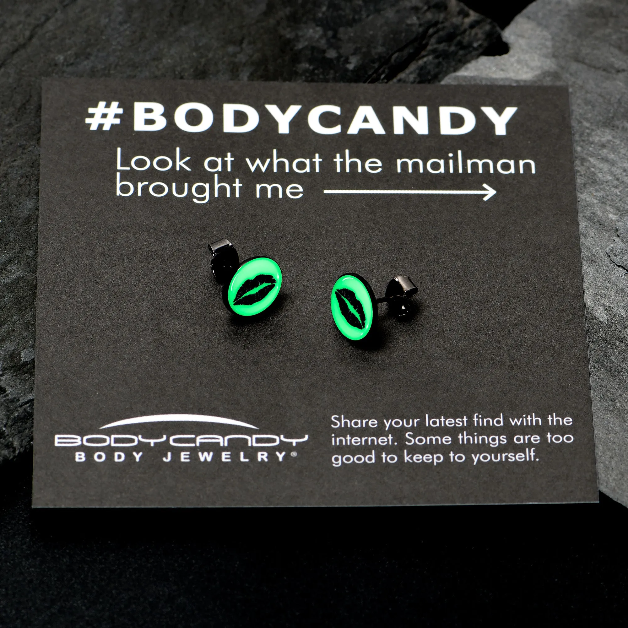 Black Anodized Steel Lipstick Kiss Mark Glow in the Dark Stud Earrings