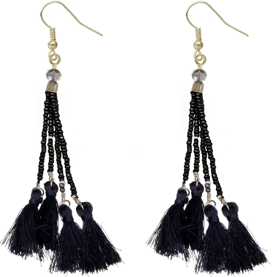 Black Beaded Sequin Tassel Dangle Earrings