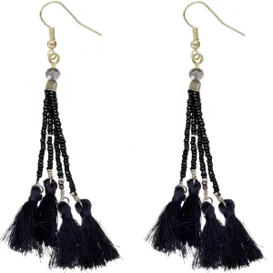 Black Beaded Sequin Tassel Dangle Earrings