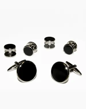 Black Circular Onyx with Silver Trim Studs and Cufflinks Set
