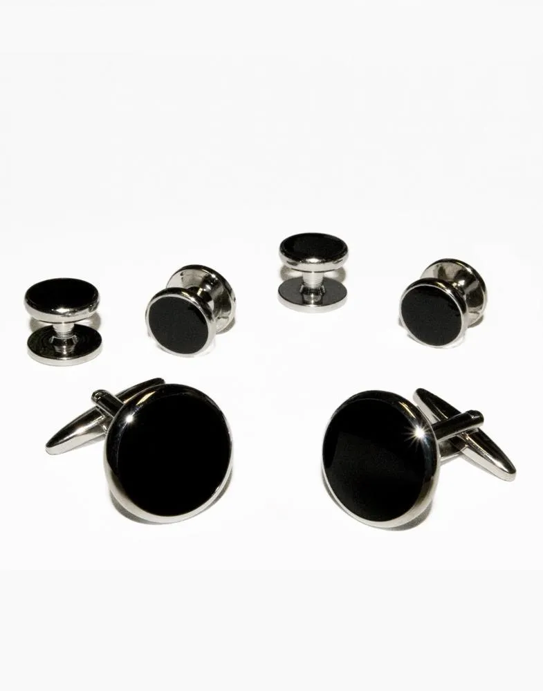 Black Circular Onyx with Silver Trim Studs and Cufflinks Set
