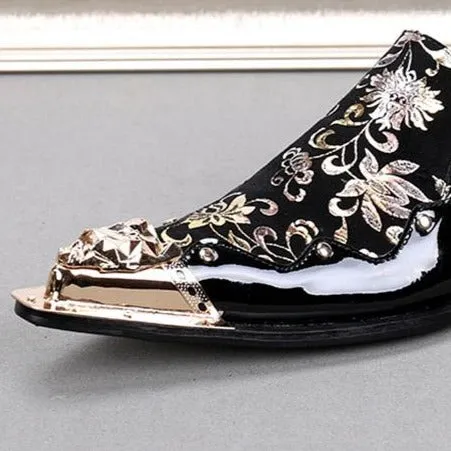 Black color with Golden Flowers men leather shoes