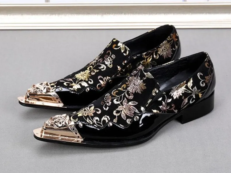 Black color with Golden Flowers men leather shoes