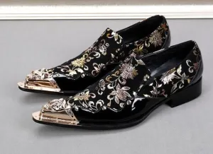 Black color with Golden Flowers men leather shoes