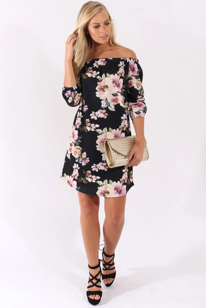Black Floral Print Bardot Dress - Cammi