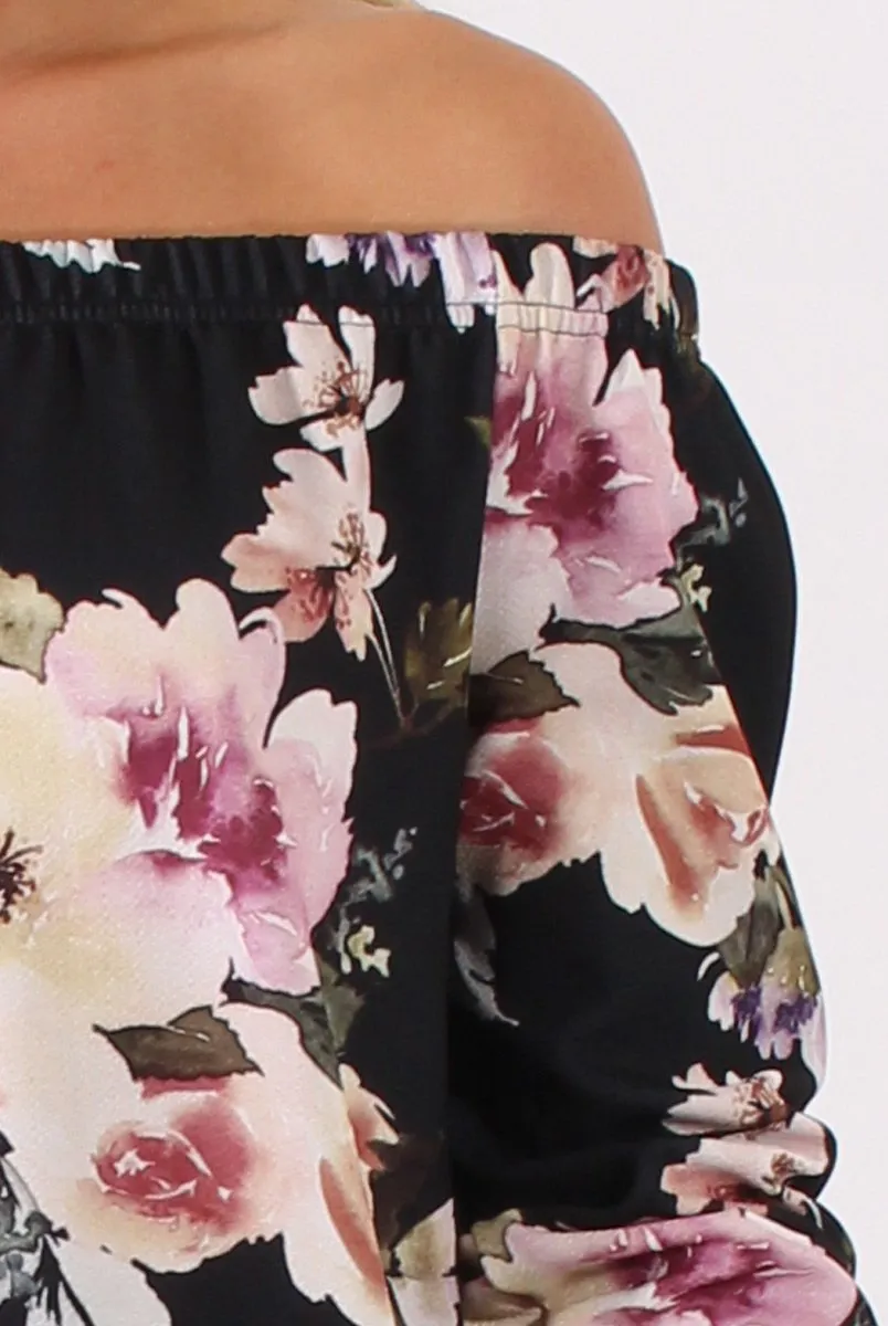 Black Floral Print Bardot Dress - Cammi