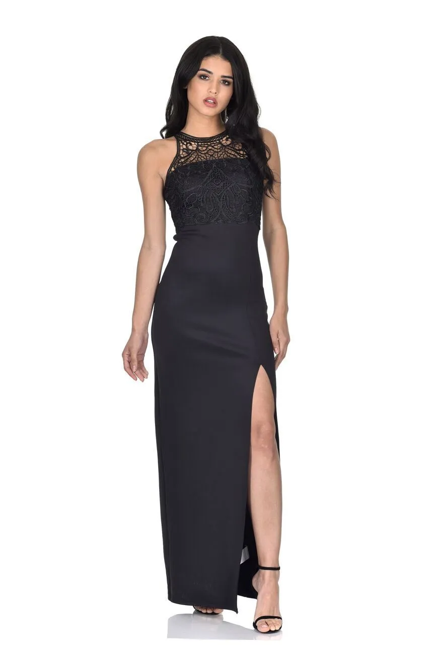 Black High Neck Maxi Dress With Crochet Neck