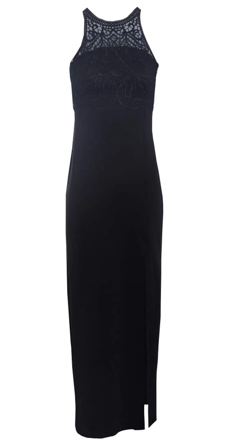 Black High Neck Maxi Dress With Crochet Neck