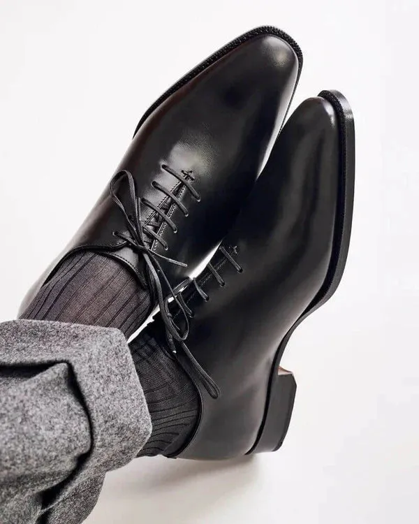 Black Leather Eulalie Whole Cut Oxfords - Formal Shoes