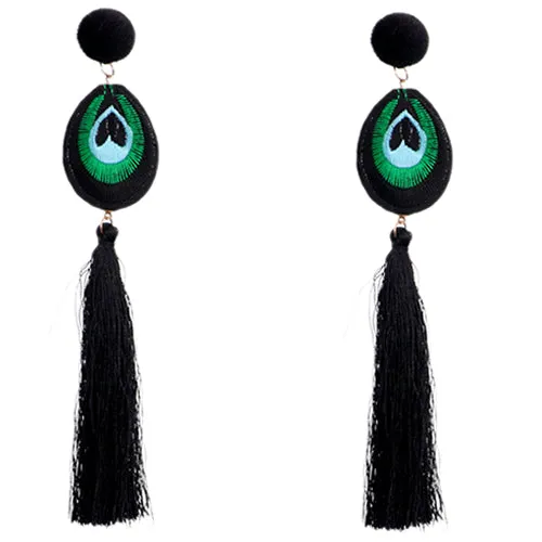 Black Long Peacock Tassel Earrings