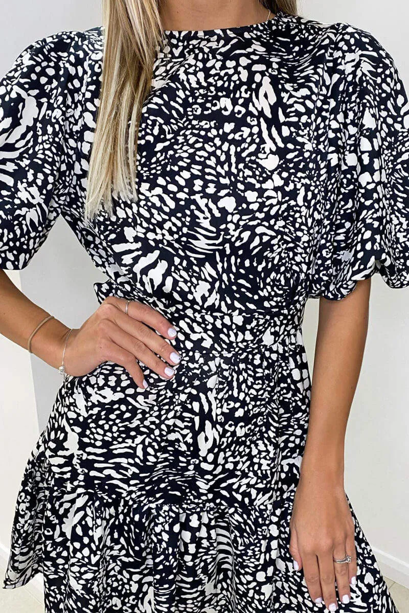 Black Multi Print Puff Sleeve Skater Dress