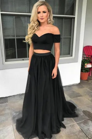 Black Prom Dresses Two Pieces Off-the-shoulder Short Sleeves Long Tulle Prom Dress/Evening Dress OHC302