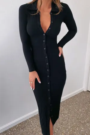 Black Ribbed Button Long Sleeve Polo Maxi Dress