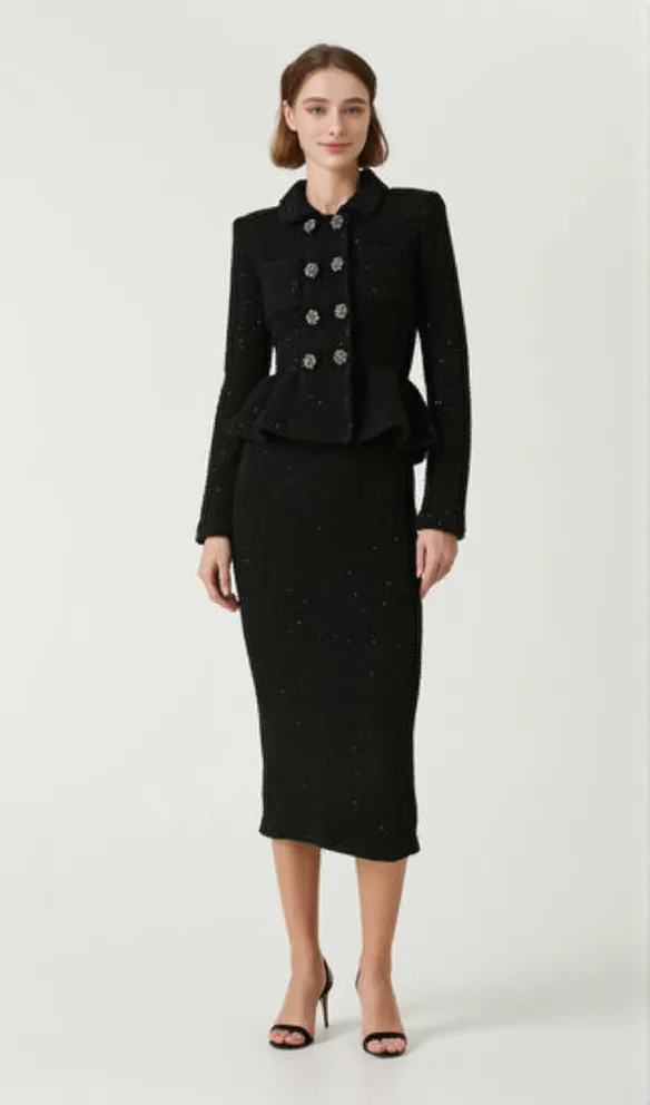 BLACK TEXTURED KNIT PEPLUM MIDI DRESS