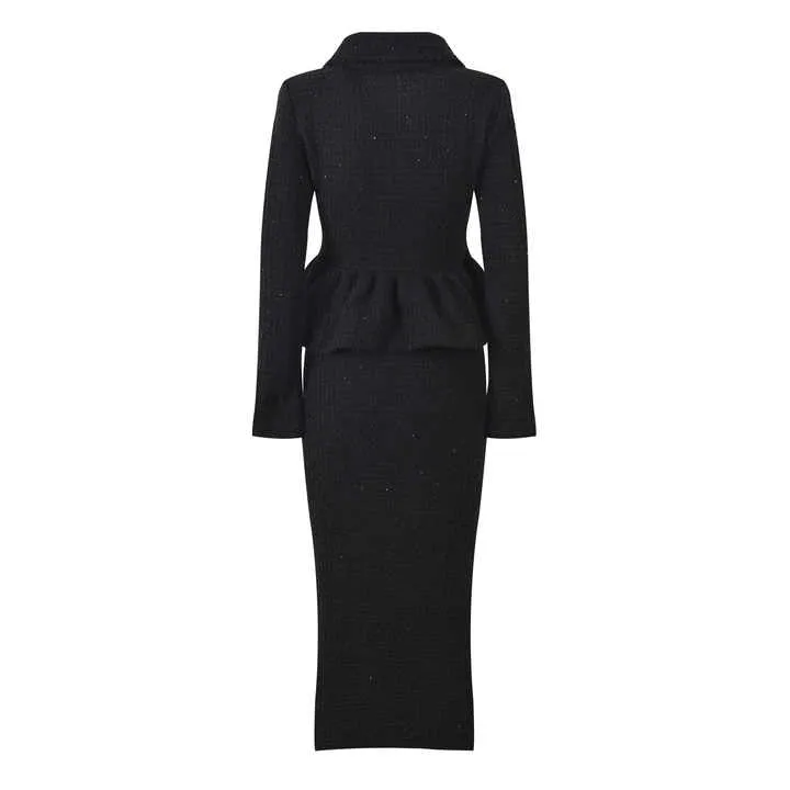 BLACK TEXTURED KNIT PEPLUM MIDI DRESS