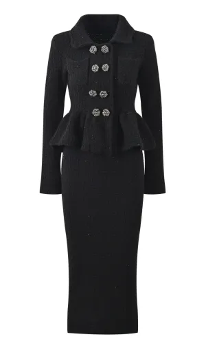 BLACK TEXTURED KNIT PEPLUM MIDI DRESS