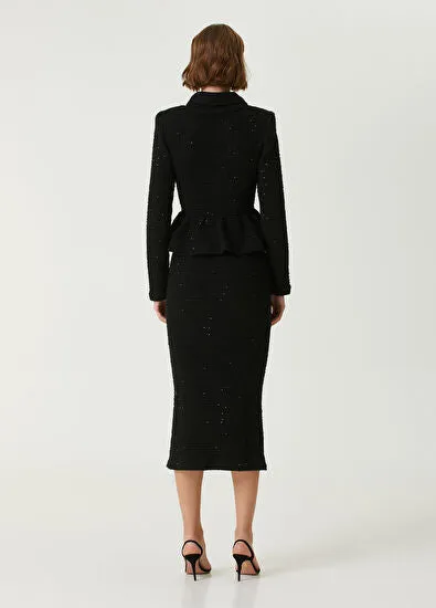 BLACK TEXTURED KNIT PEPLUM MIDI DRESS