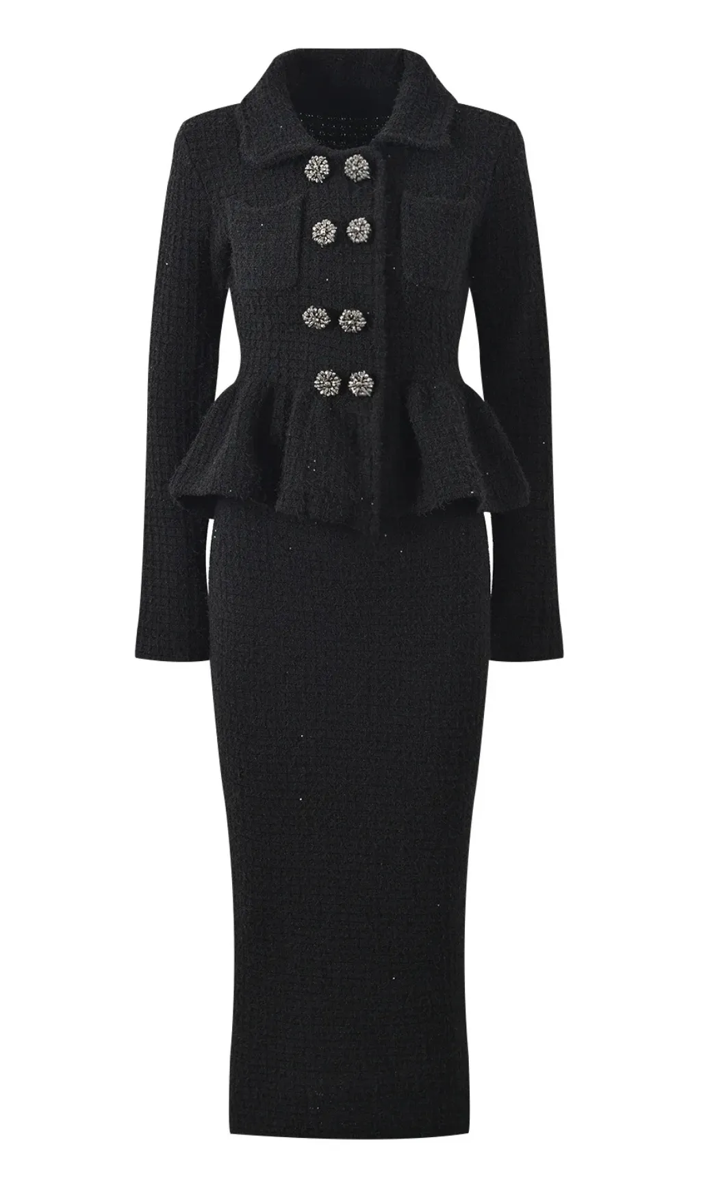 BLACK TEXTURED KNIT PEPLUM MIDI DRESS