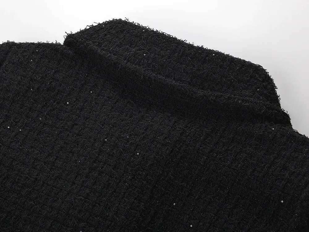 BLACK TEXTURED KNIT PEPLUM MIDI DRESS
