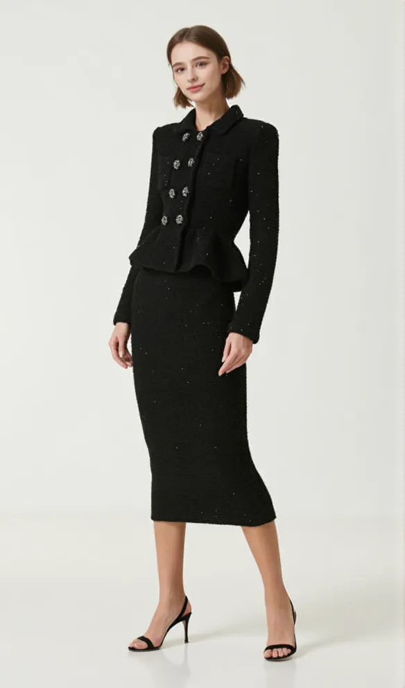 BLACK TEXTURED KNIT PEPLUM MIDI DRESS