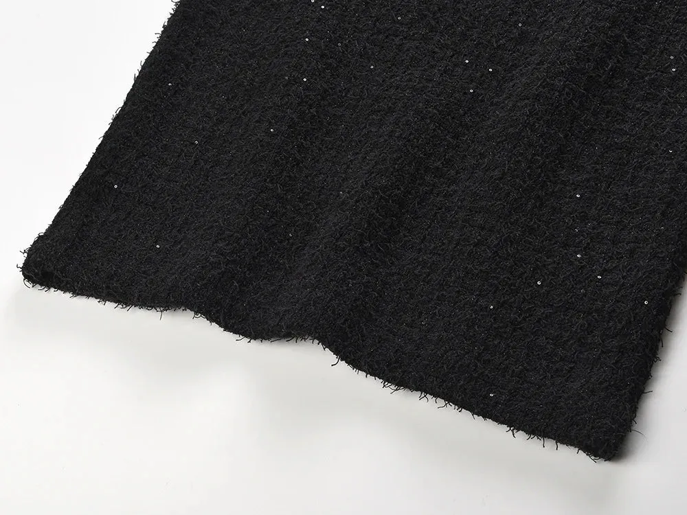 BLACK TEXTURED KNIT PEPLUM MIDI DRESS