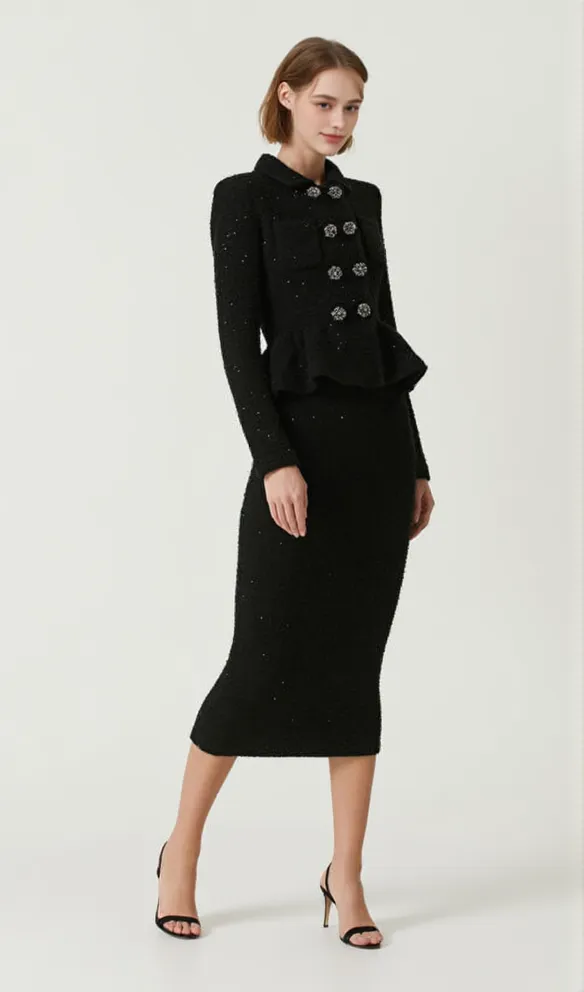 BLACK TEXTURED KNIT PEPLUM MIDI DRESS
