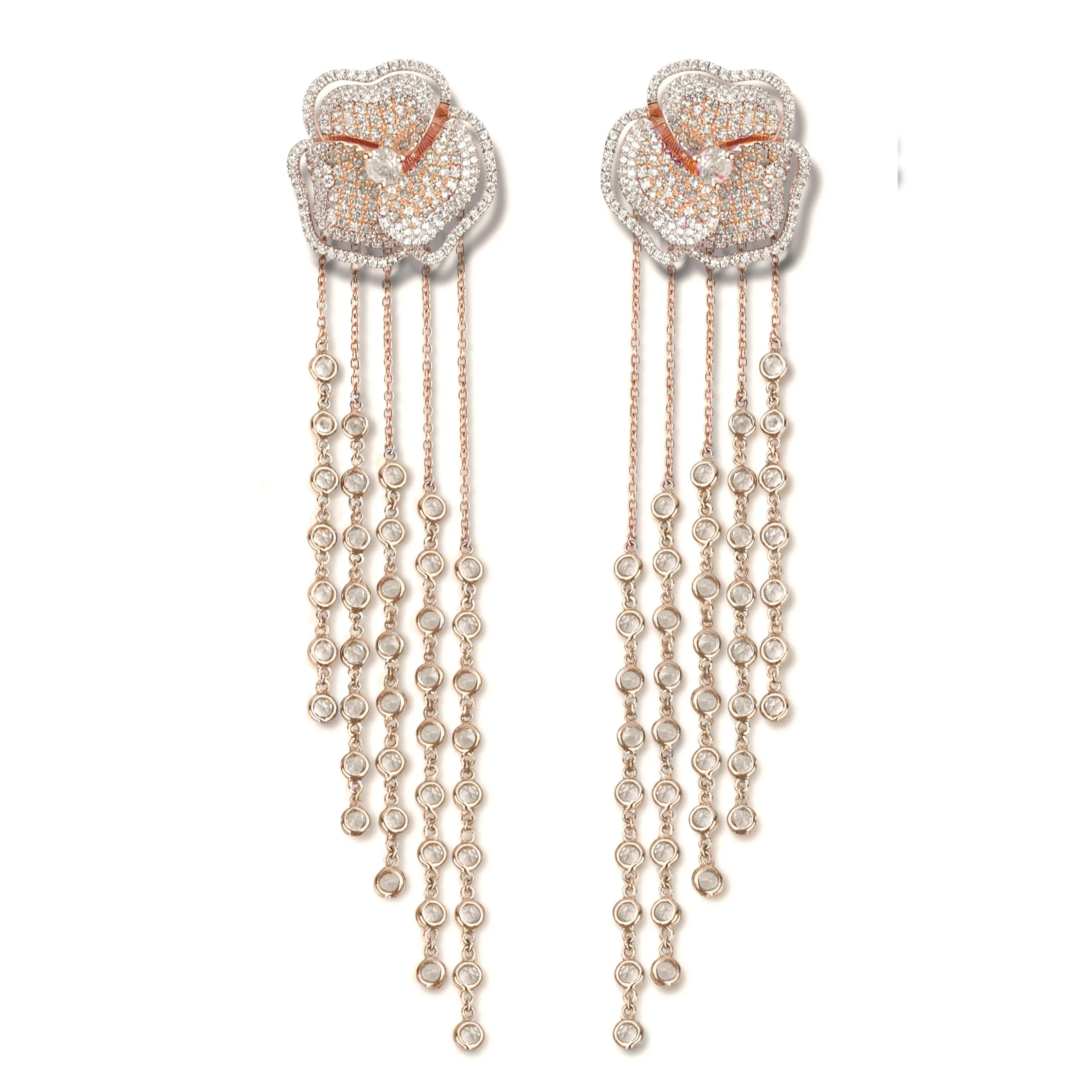Bloom Medium Flower Halo White Diamonds Long Earrings