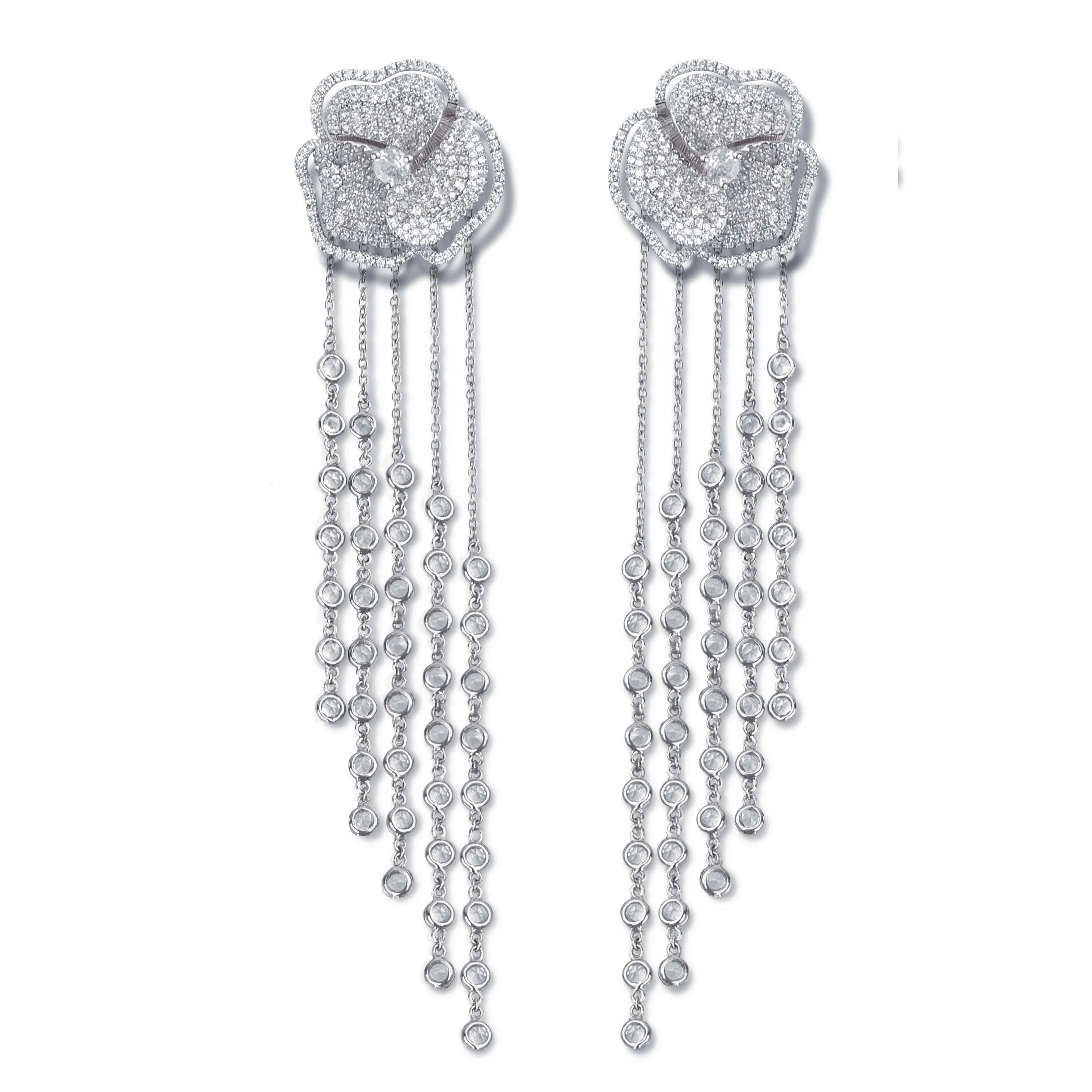 Bloom Medium Flower Halo White Diamonds Long Earrings